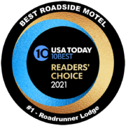 USA Today 10Best Readers' Choice 2021 logo showing Roadrunner Lodge named #1 Best Roadside Motel